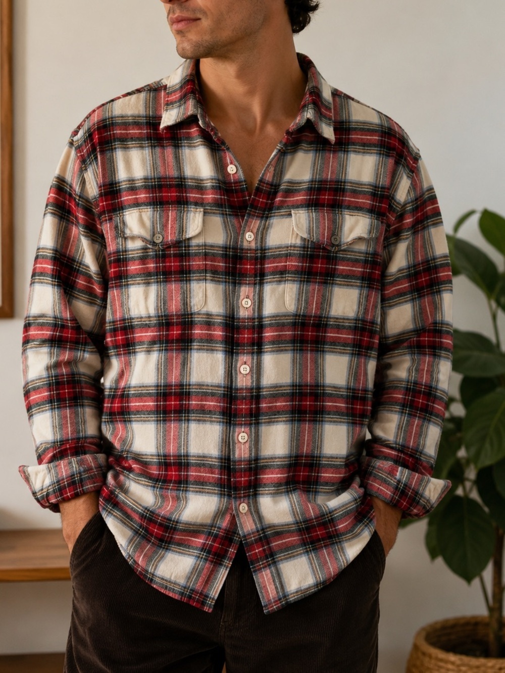 American Eagle Outfitters Plaid Flannel Button Down Shirt XXL Red Cream Cotton